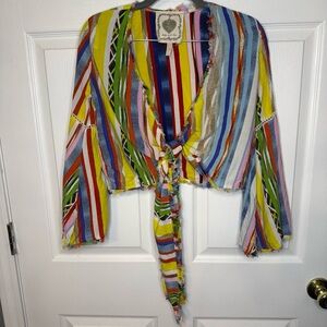 Z&L Colorful Striped Blouse with Tie Front Cropped Size Small GUC